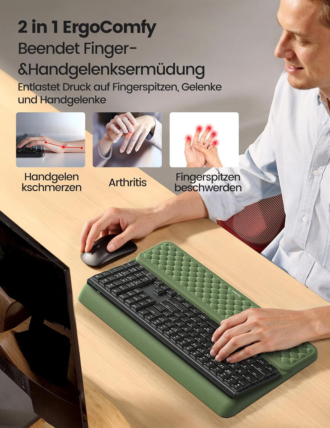 VAYDEER Ergonomie-Set mit Tastatur-Handauflage, Handgelenkauflage und Mauspad – Memory-Schaum, Rutsc