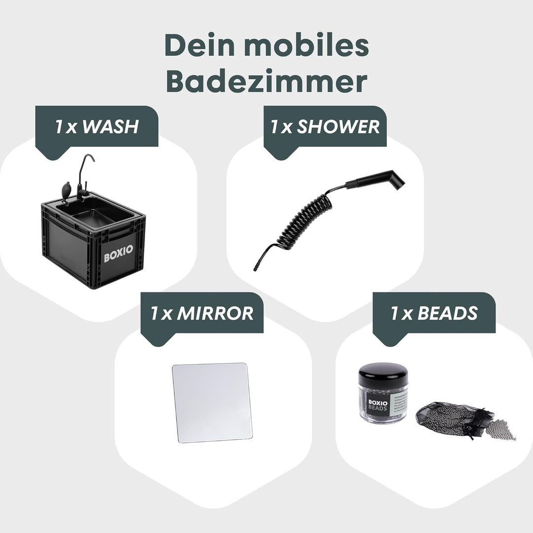 BOXIO - WASH Plus: Mobiles 40x30 Spülbecken Komplettset: Campingdusche + Reinigungsperlen + Spiegel,