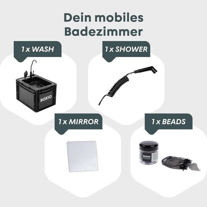 BOXIO - WASH Plus: Mobiles 40x30 Spülbecken Komplettset: Campingdusche + Reinigungsperlen + Spiegel,