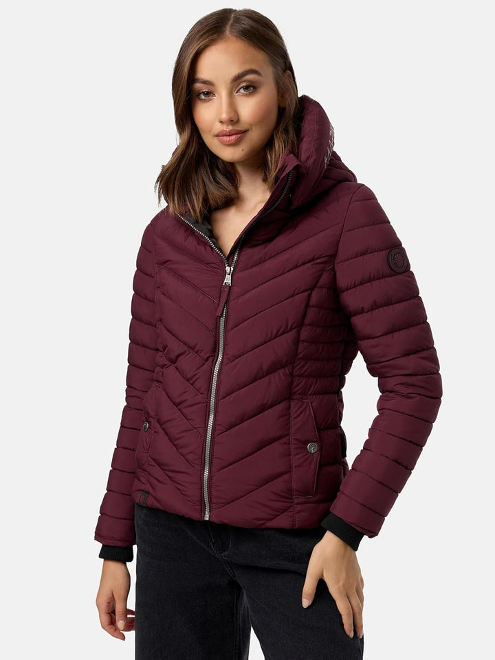 MARIKOO Damen Übergangsjacke leichte Steppjacke kurz mit abnehmbarer Kapuze Kagomee XS-XXL XXL Wine,