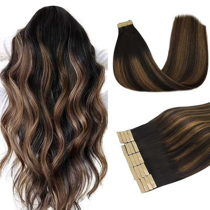 DOORES Tape in Extensions Echthaar, Balayage Natürliches Schwarz bis Hellblond 35cm (14zoll) 50g 20p
