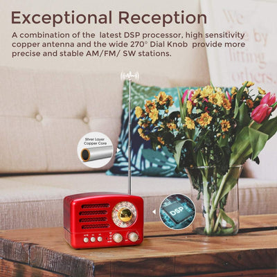 PRUNUS J-160 AM/FM/SW Retro Radio mit Bluetooth, Nostalgie Radio Klein mit 1800mAh Wiederaufladbare