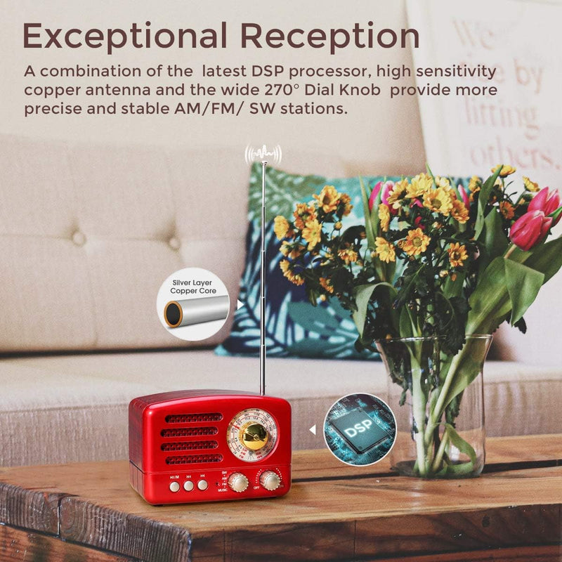 PRUNUS J-160 AM/FM/SW Retro Radio mit Bluetooth, Nostalgie Radio Klein mit 1800mAh Wiederaufladbare