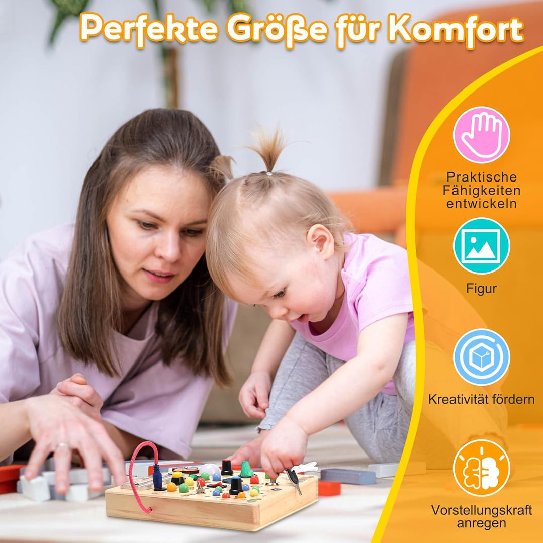 Busy Board Montessori Spielzeug für Babys ab 2 Jahr, Motorikspielzeug mit 19 LED, Holzspielzeug Sens