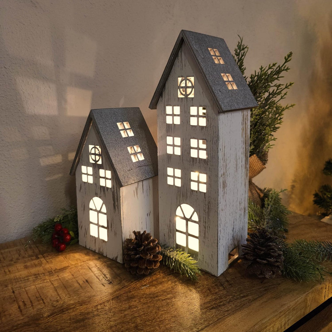 DARO DEKO Holz LED Haus weiss Silber 2er Set - klein und gross, 2er Set - klein und gross
