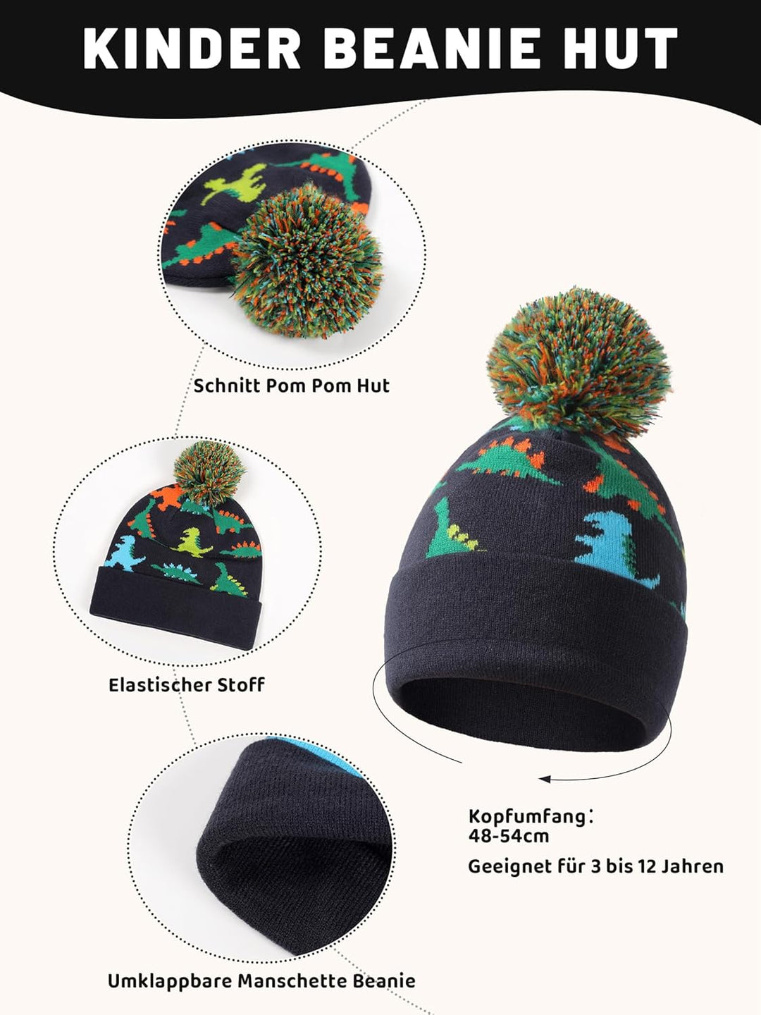 NATUST Mütze Schal Handschuh-Sets für Jungen Dinosaurier Wintermütze mit Bommel Warmer Strickschal H