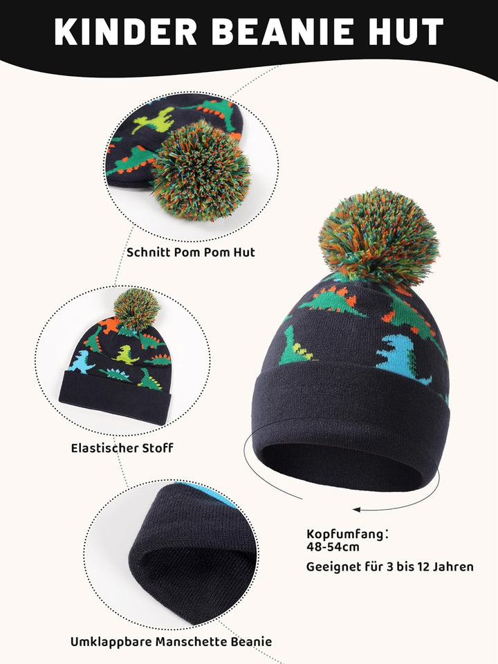 NATUST Mütze Schal Handschuh-Sets für Jungen Dinosaurier Wintermütze mit Bommel Warmer Strickschal H