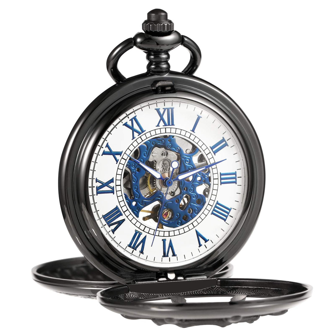 TREEWETO Unisex Taschenuhr mit Kette Analog Mechanisch Handaufzug Doppelscharnier Ruder Skelett Für