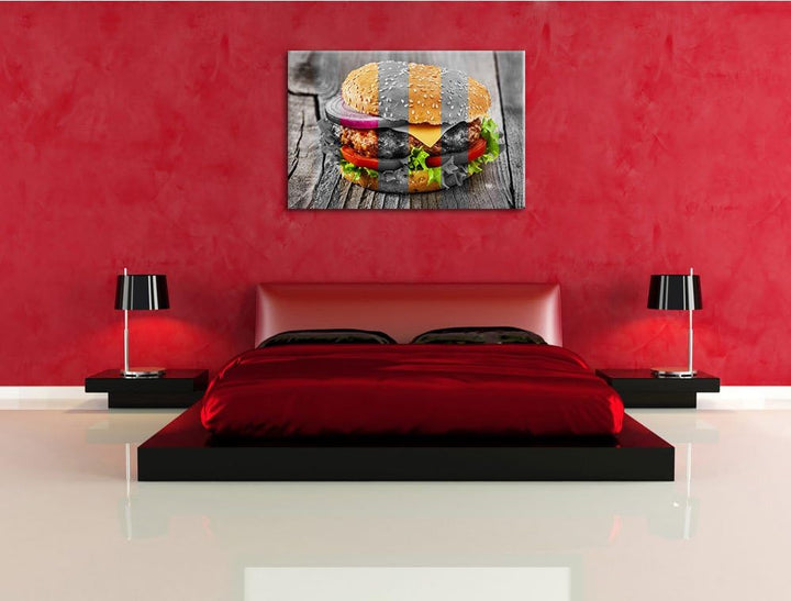 Saftiger Cheeseburger schwarz/weiss Format: 100x70 cm auf Leinwand, XXL riesige Bilder fertig gerahm