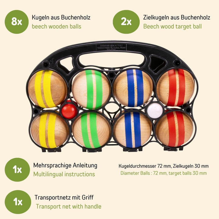 GICO Boccia Spiel aus Massivholz, gestreift mit 8 Kugeln, Durchmesser 7 cm. Made in EU - 3015