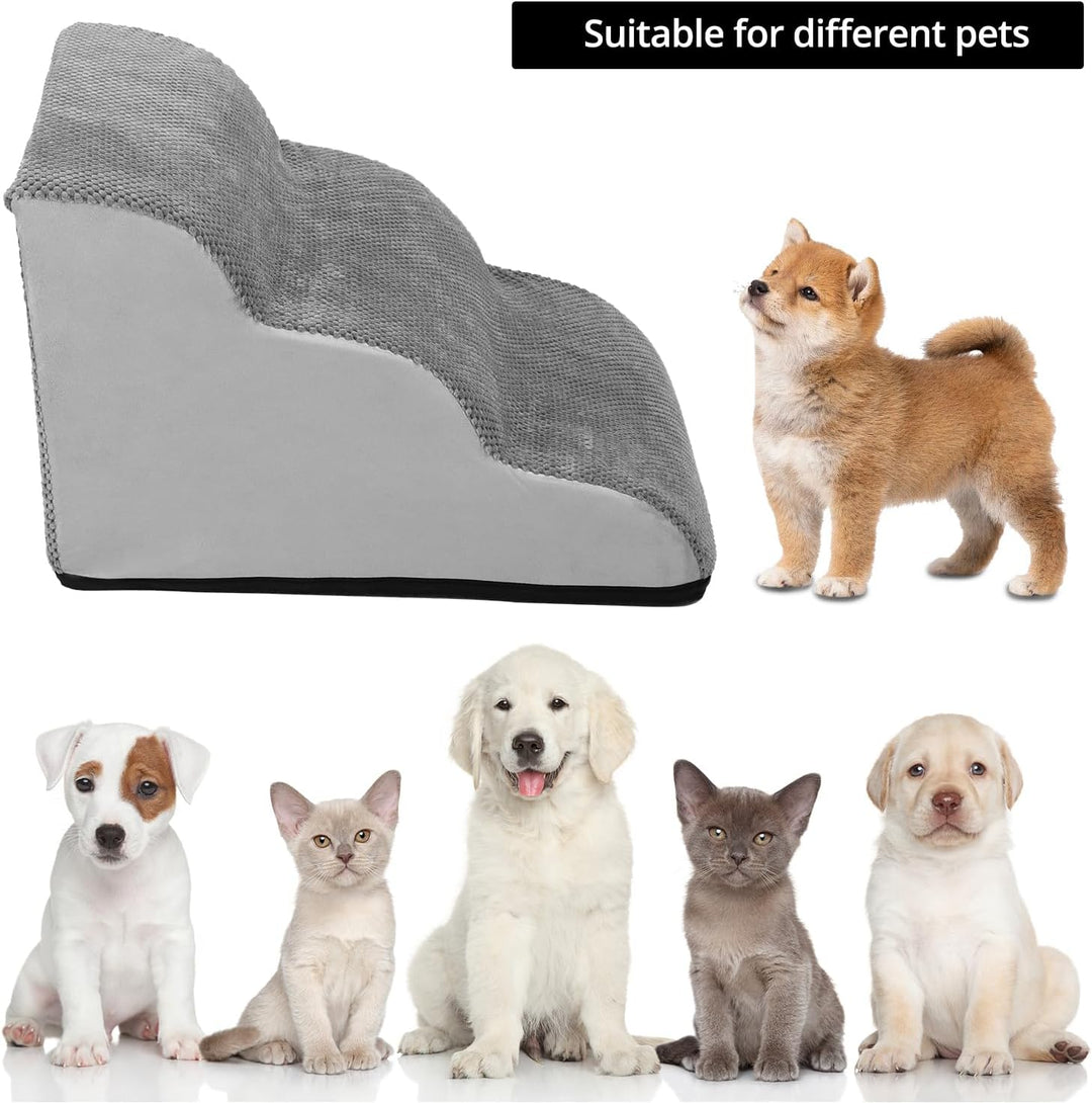QWORK® Graue Hundetreppe, 3-Stufig, 60x40x40cm, Hochdichtem Schwamm, Abnehmbarem Waschbaren Hundetre