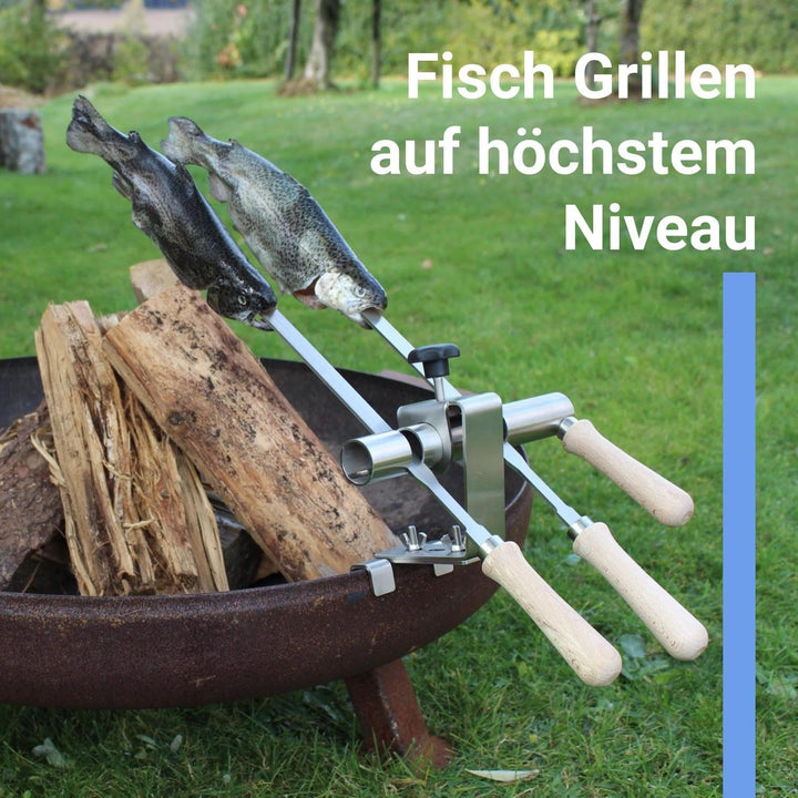 Premium Steckerlfisch Halter für Feuerschale - Platz für 2 Fische - Fisch Grill Aufsatz passt auf je