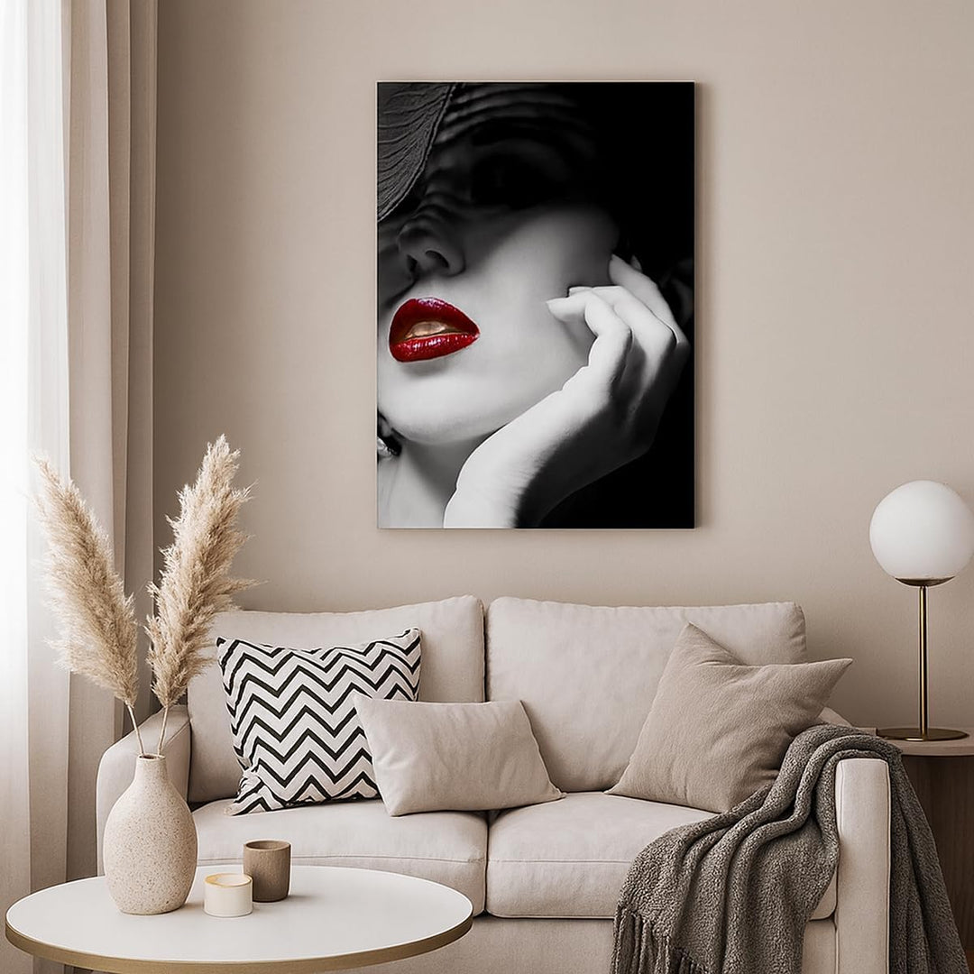Bilder auf Leinwand 55x100cm Leinwandbild mit Rahmen Frau Gesicht Lippen Gross Wanddeko Bild Schlafz