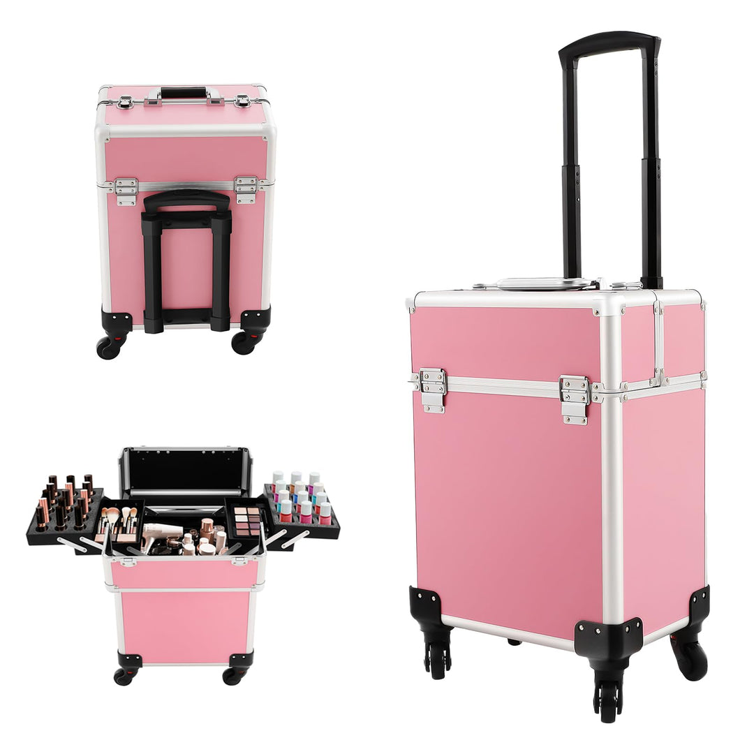 Kosmetikkoffer Trolley, 3-in-1 Schminkkoffer mit Faltbares Tablett und Rädern, Multifunktional Gross