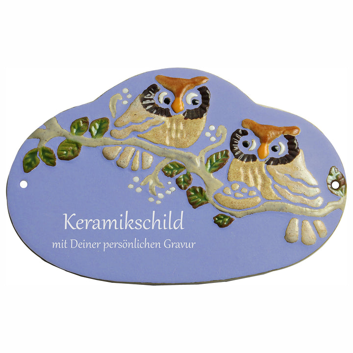 Handarbeit aus Schleswig-Holstein Keramikschild 19,5 x 12,5 cm Motiv Nest und Zwei Eulen auf AST (he