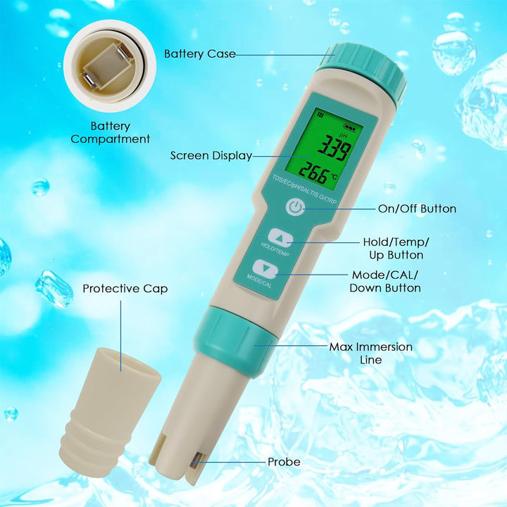 pH-Meter für Wasser: Digitaler 7-in-1-Wassertester mit pH-, TDS-, EC-, ORP-, Salz-, S.G- und Tempera