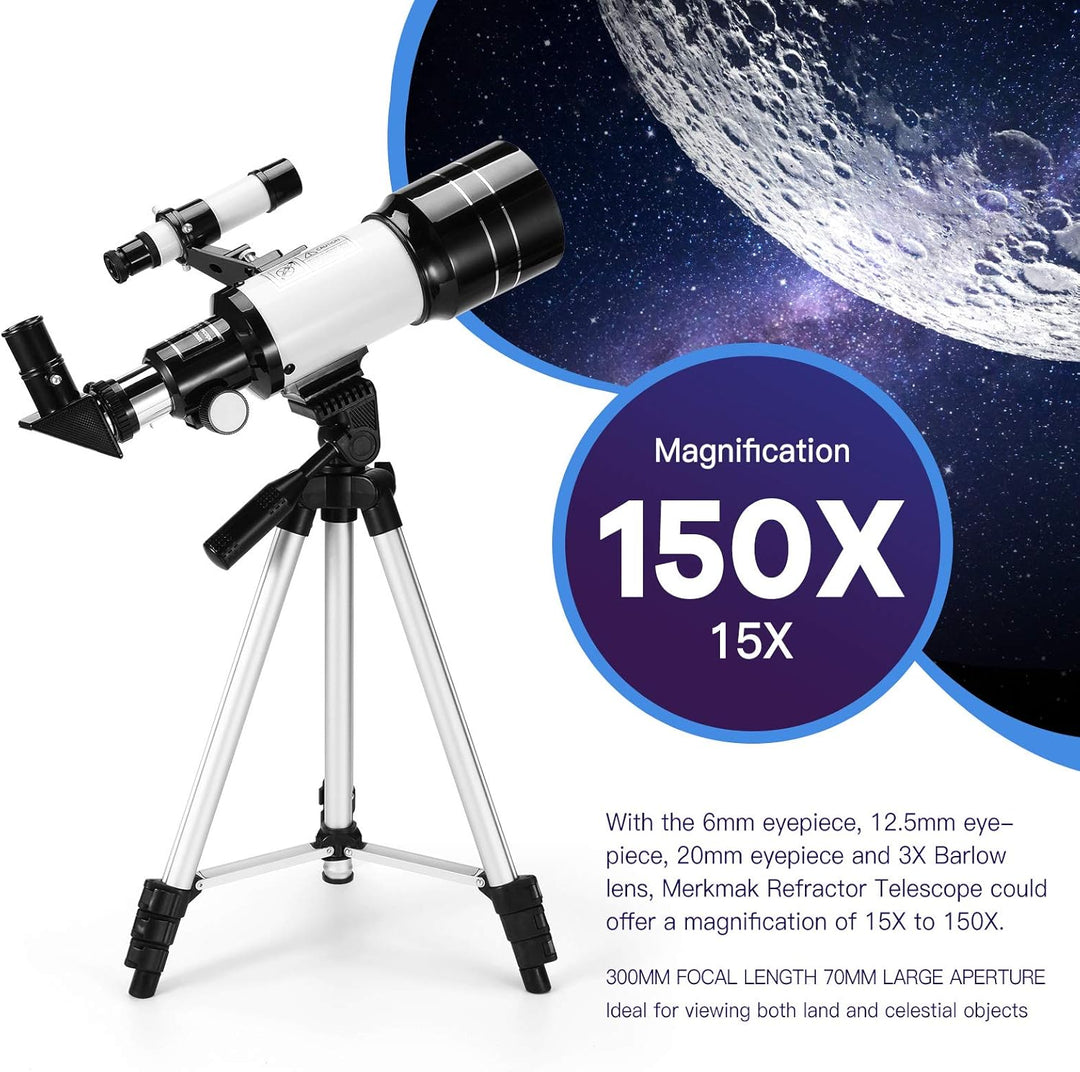 Astronomisches Teleskop 150X HD Vergrösserung Teleskop mit 300/70mm Stativ, Geeignet für Rucksack un