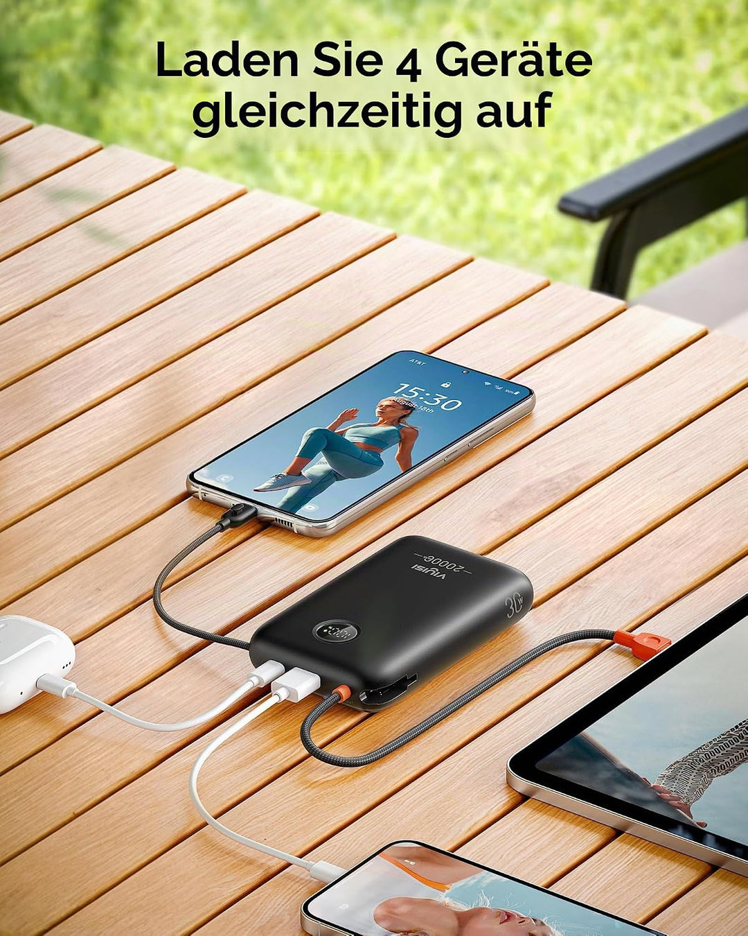 VIYISI Powerbank 20000mAh 30W mit Integriertem 2 Kabeln, Schwarz, Schwarz