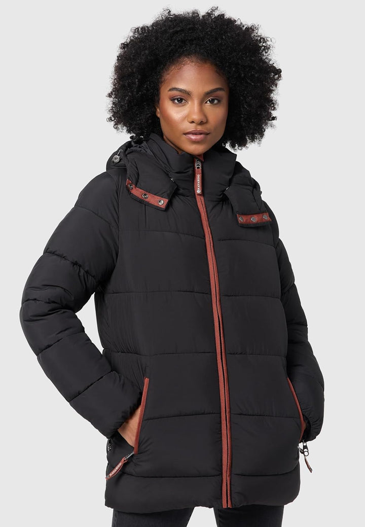 Navahoo Damen Kurze Winterjacke Steppjacke warm mit Abnehmbarer Kapuze Wattewölkchen XS-XXL S Schwar