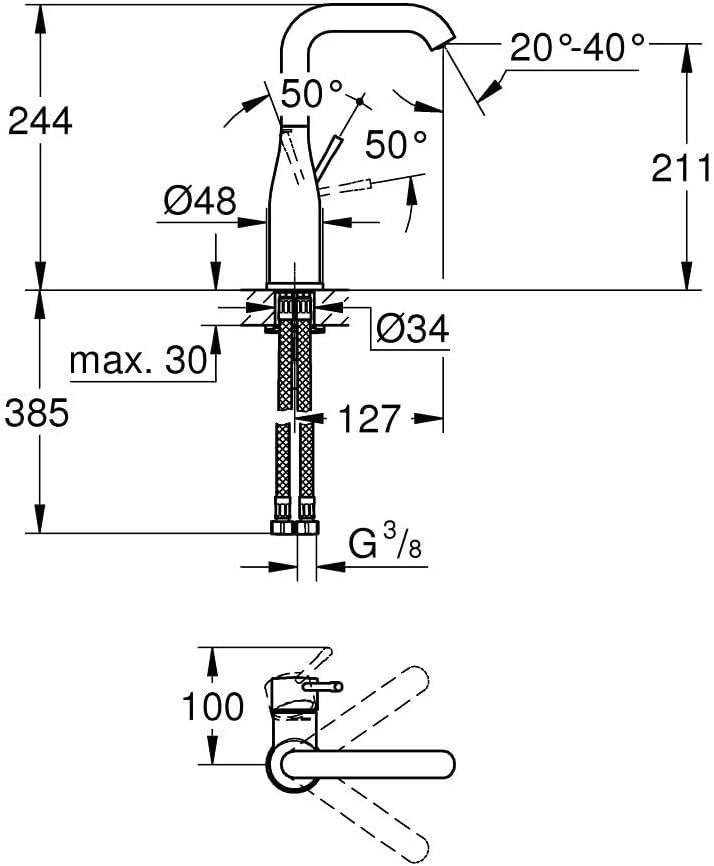 GROHE Essence - Einhand-Waschtischarmatur (wassersparend, DN15, L-Size), chrom, 23541001 L Glatter K