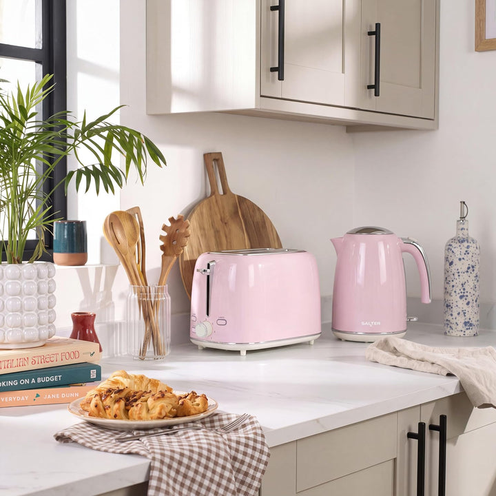 Salter Retro Wasserkocher elektrisch 2200 W, 1,7 l – rosa Wasserkocher mit 360°-Drehfuss, herausnehm