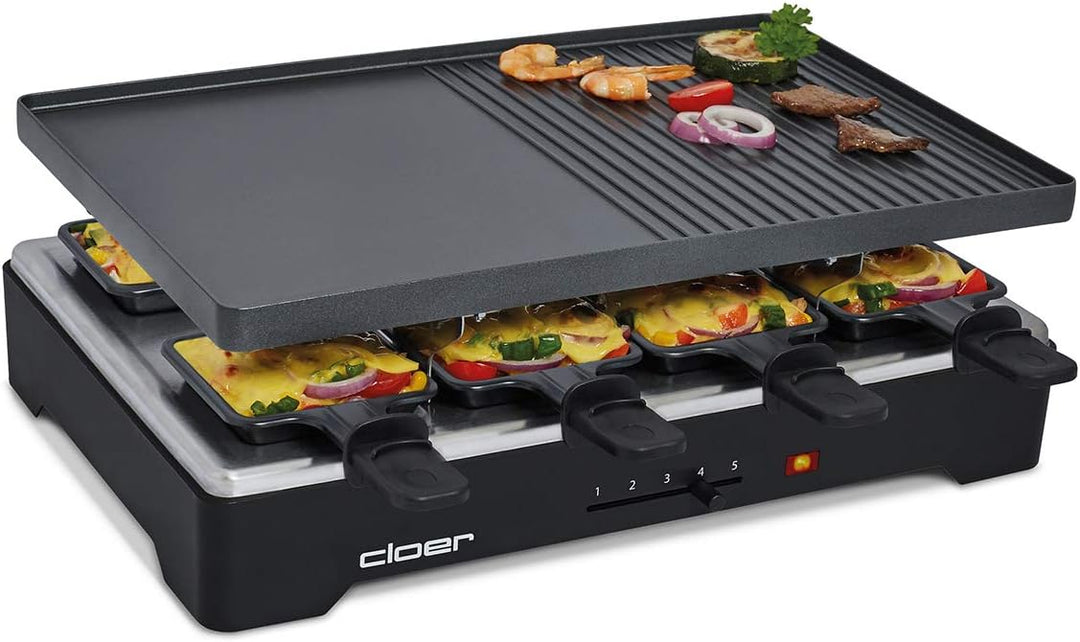 Cloer 6446 Raclettegrill mit Aluminium Druckguss Platte - beidseitig verwendbar, 1200 W, 8 antihaftb