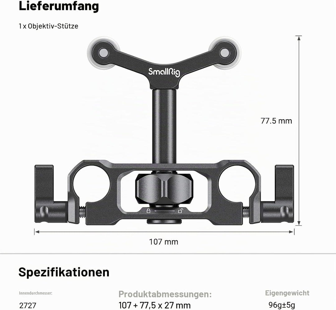 SMALLRIG Linsenunterstützung mit 15mm LWS Stangenklemme, 15mm Lens Support Kompatibel mit einem Durc