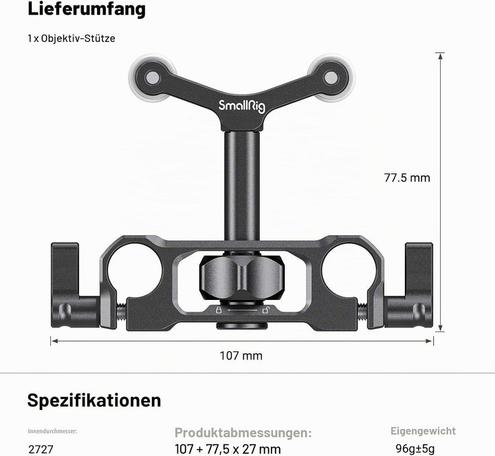 SMALLRIG Linsenunterstützung mit 15mm LWS Stangenklemme, 15mm Lens Support Kompatibel mit einem Durc