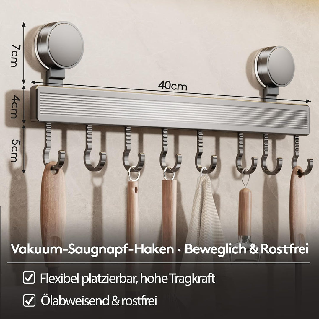 Hakenleiste Küche ohne Bohren mit Saugnapf | 8 Haken, 40 cm lang, 20 kg Tragfähigkeit, 1-Minuten-Ins