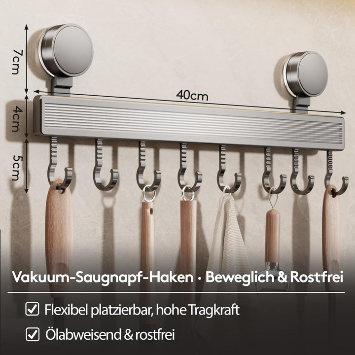 Hakenleiste Küche ohne Bohren mit Saugnapf | 8 Haken, 40 cm lang, 20 kg Tragfähigkeit, 1-Minuten-Ins