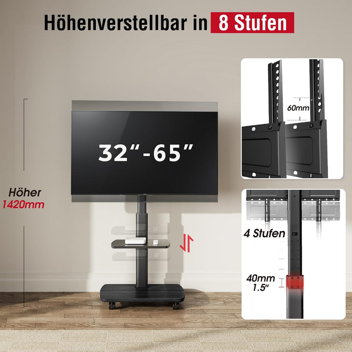 AOKCOS TV Ständer Rollbar mit Holzablage Regal, Fernsehständer auf Rollen für 32-65 Zoll Fernseher,