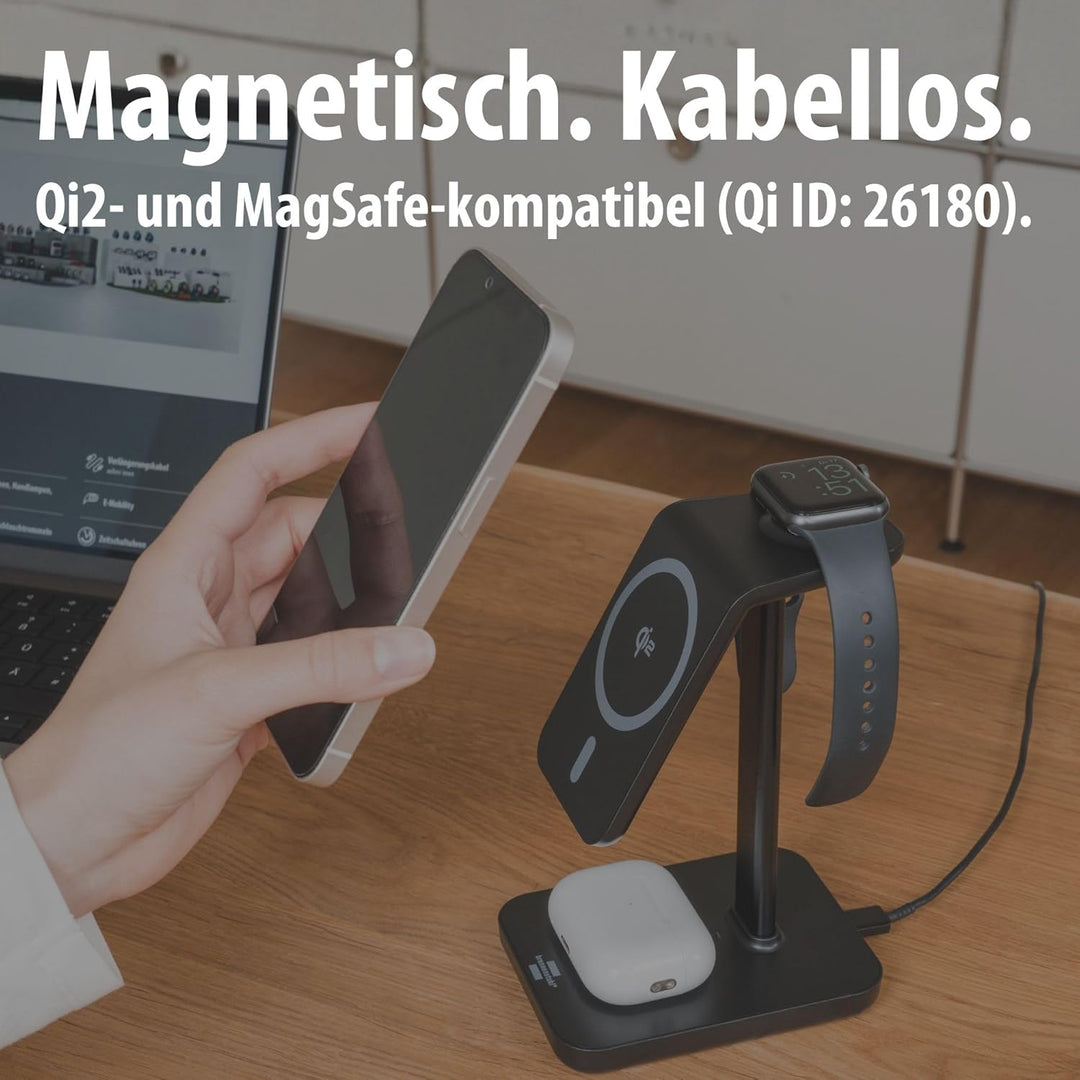 Brennenstuhl 3 in 1 Ladestation (magnetisches Ladepad 15W für Smartphones mit Qi2, Qi2-kompatibel, k