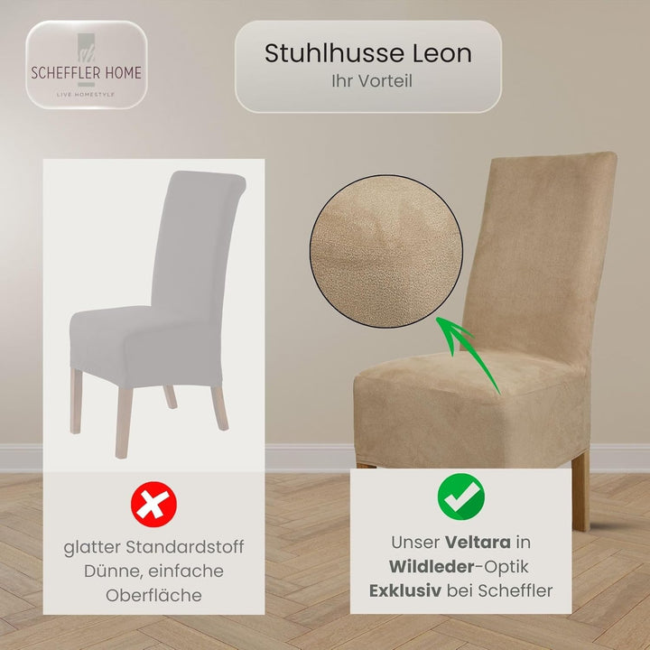 SCHEFFLER-Home Stuhlhussen 6er Set Leon Beige-Stein/elastische Wildleder Hussen für Stühle/Robustes