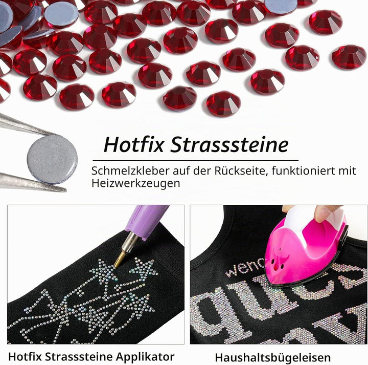 Beadsland 288 Stück Dunkles Rot Hotfix Strasssteine, Hitzefix Strasssteine zum Basteln, Hotfix Krist