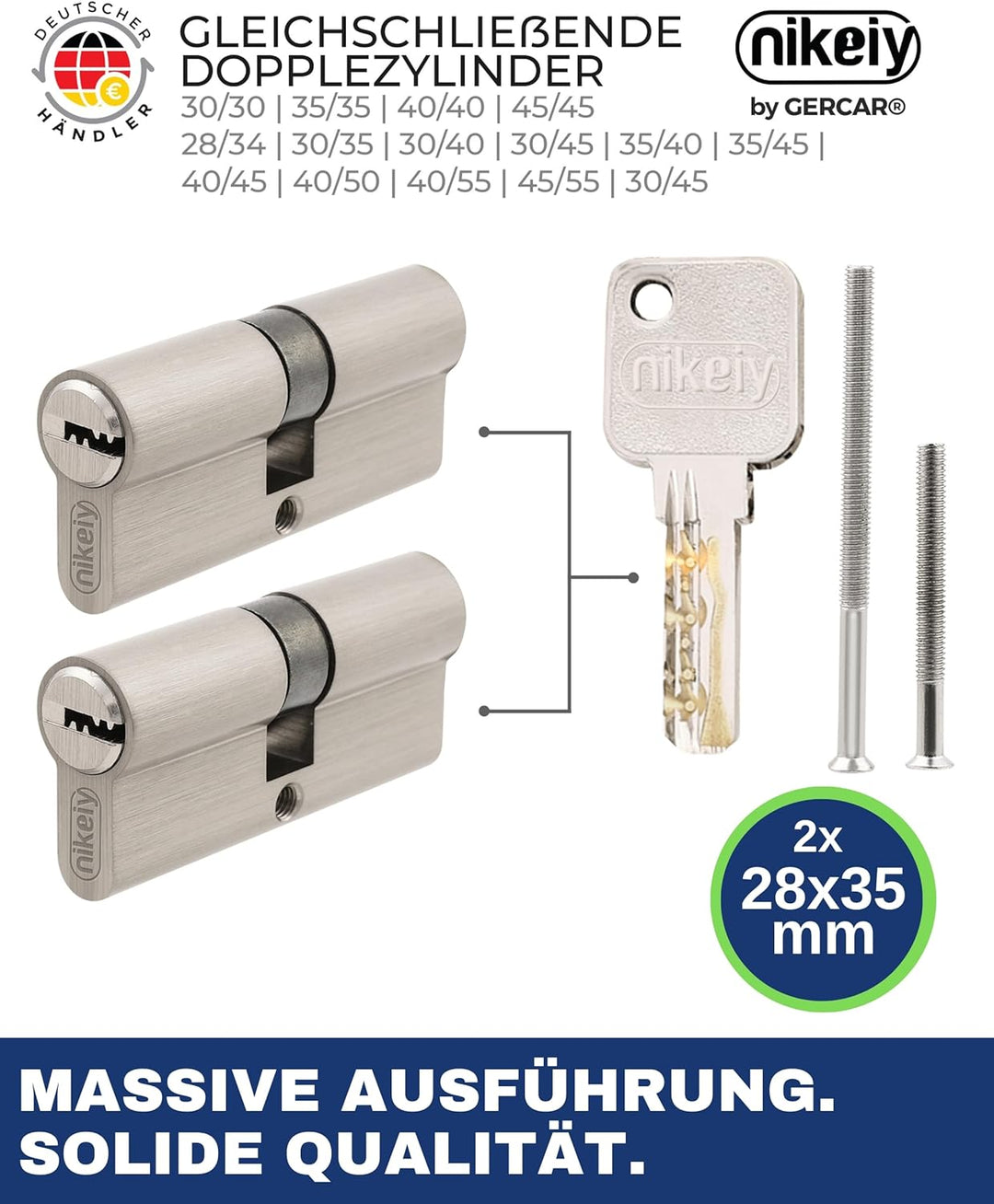 GERCAR Pro Profilzylinder 28/34 Massiver Schliesszylinder gleichschliessend 2er Set Doppelzylinder Z