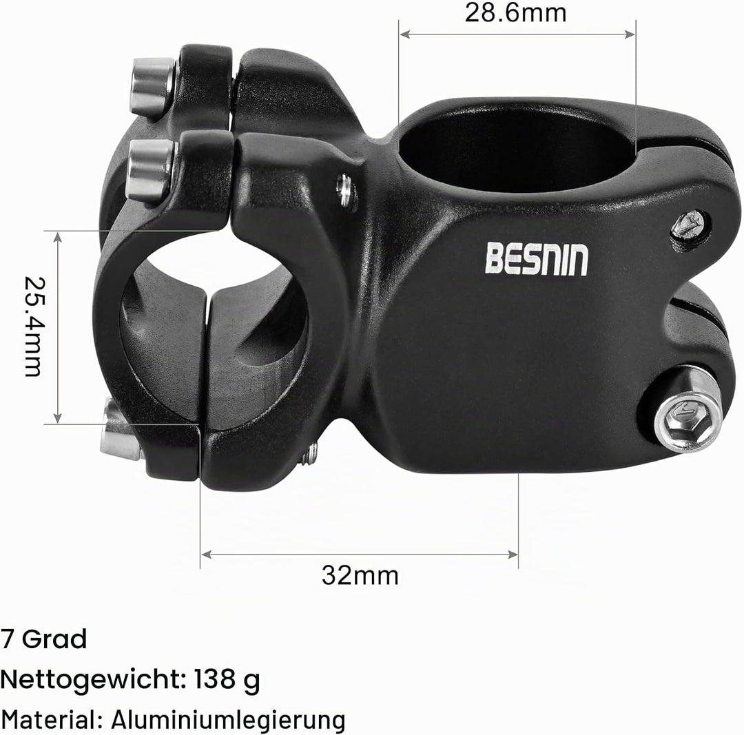BESNIN Fahrrad Vorbau 25,4mm MTB Vorbau 7 Grad Lenkervorbau 32/45mm Kurz Fahrradlenker Vorbau Alumin