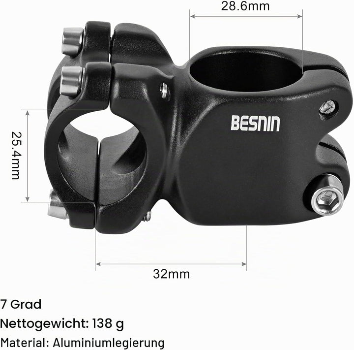 BESNIN Fahrrad Vorbau 25,4mm MTB Vorbau 7 Grad Lenkervorbau 32/45mm Kurz Fahrradlenker Vorbau Alumin