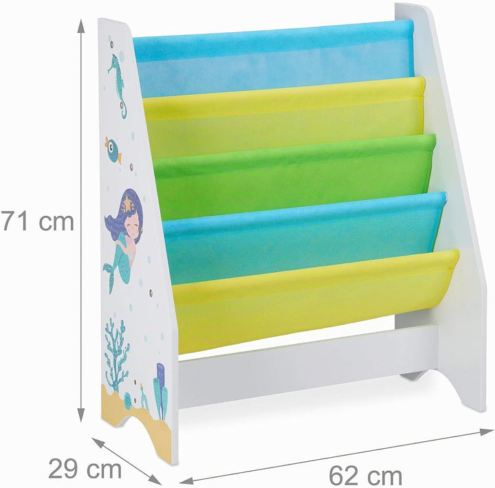 Relaxdays Kinder Bücherregal, 4 Hängefacher, Meerjungfrau Kindermotiv, HBT: 71x62x29 cm, Bücheraufbe