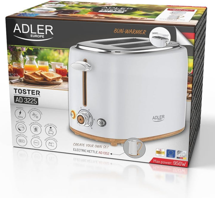 Adler Toaster Weiss für 2 Scheiben – Perfekt knuspriger Toast dank 6 Stufen & Brötchenaufsatz | Mit
