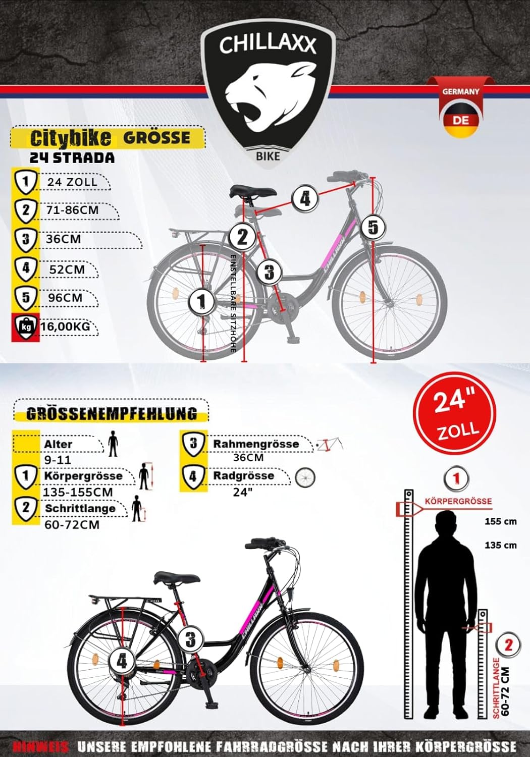 Chillaxx Bike Strada Premium City Bike in 24, 26, 28 Zoll - Fahrrad für Mädchen, Jungen, Herren und