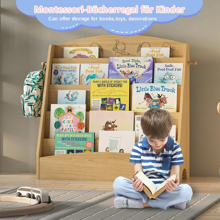 Kinder Bücherregal mit 5 offenen Fächern und Haken, Kinderregal Holz, Montessori Aufbewahrungsregal