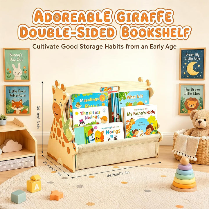 Bücherregal Kinder, doppelseitiges Holzregal mit robusten Canvas-Taschen, Montessori Bücherregal Kin