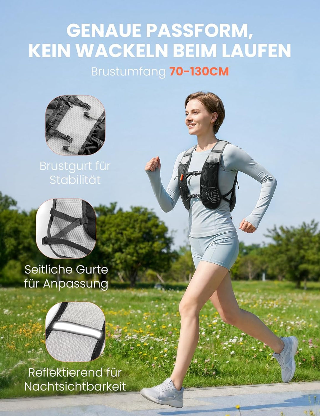 SKYSPER Laufweste für Damen Herren 12L Laufrucksack mit 500ml Trinkflasche Reflektierende Trinkweste