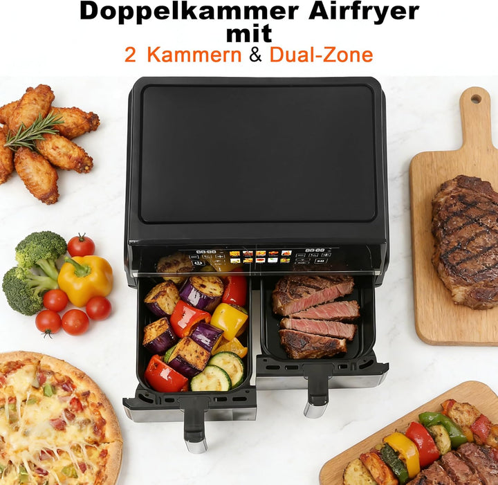 Citybee Heissluftfritteuse 2 Kammern XXL 10L (5L+5L) mit Sichtfenster, Dual Zone Airfryer Doppelkamm