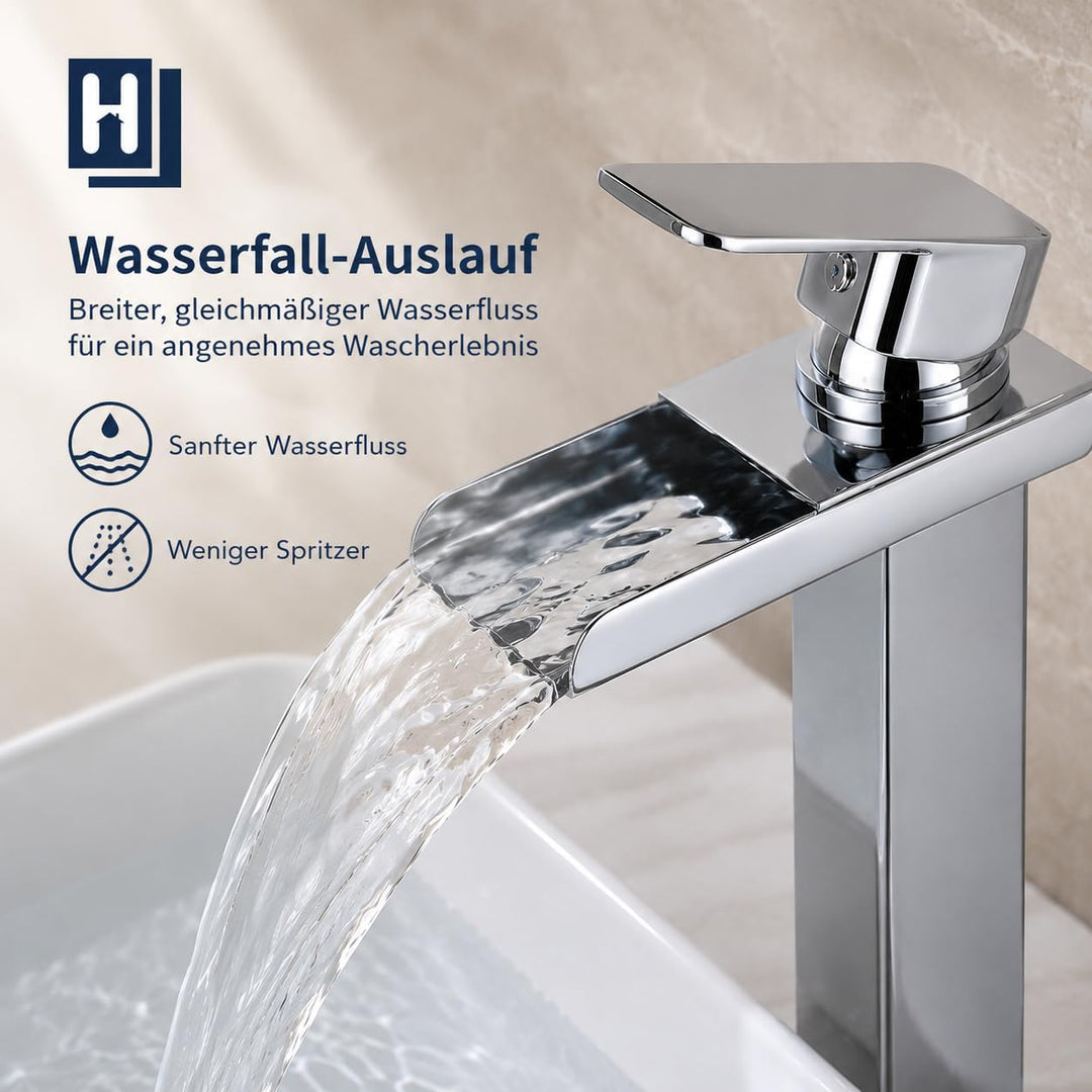 HOMELODY Wasserhahn Bad Wasserfall Waschtischarmatur, Einhandmischer Messing Armatur Badezimmer mit
