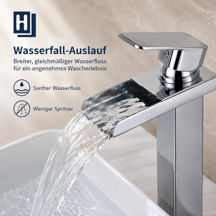 HOMELODY Wasserhahn Bad Wasserfall Waschtischarmatur, Einhandmischer Messing Armatur Badezimmer mit