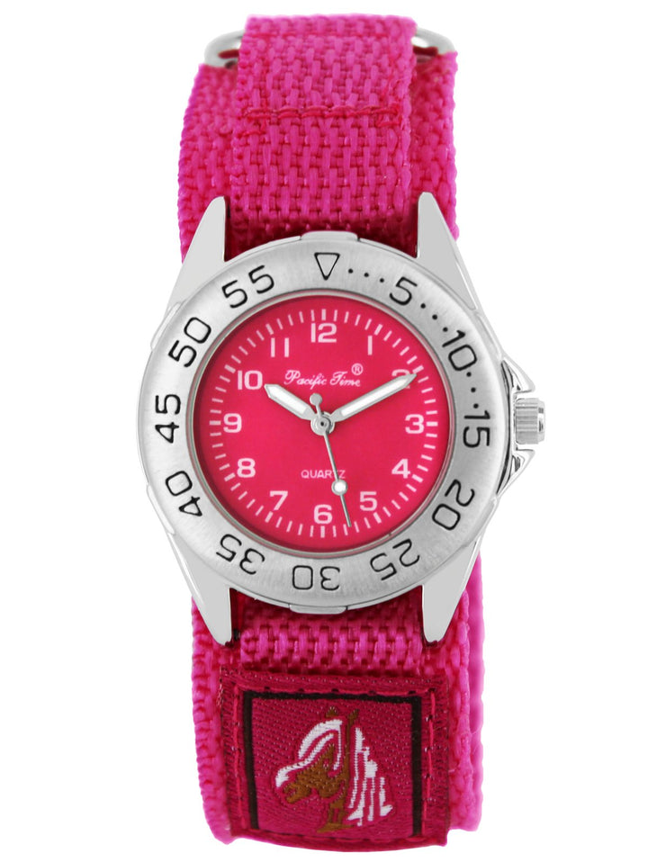 Pacific Time Kinder-Armbanduhr Pferde Mädchen Uhr Klett Textilarmband Analog Quarz rosa pink 21653