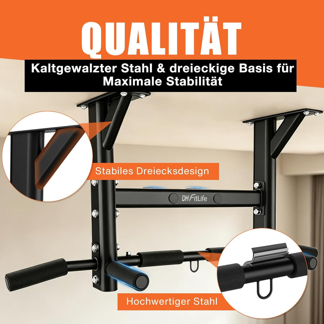 DH FitLife Klimmzugstange Deckenmontage 4in1 bis 200kg, Multifunktionale Pull Up Bar für Zuhause, 8