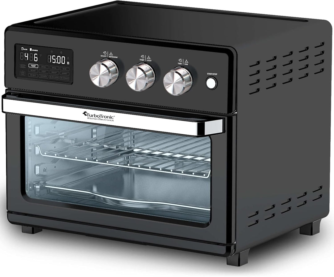TurboTronic digitaler Heissluftofen - XXL 32 Liter mit Drehspiess für Hähnchen 5 in1 Mini Backofen,