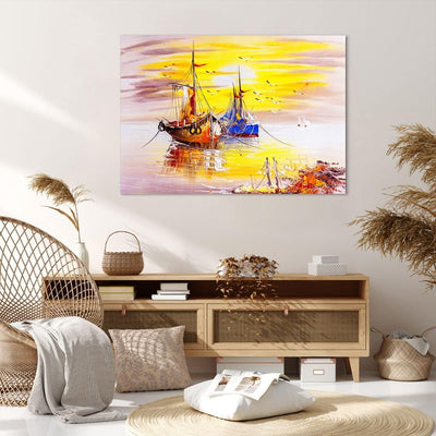 Bilder auf Leinwand 100x70cm Leinwandbild Boote Sonne Meer Reisen Gross Wanddeko Bild Schlafzimmer K